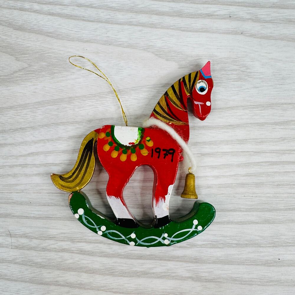 Vintage Wooden Rocking Horse Christmas Ornament 3.75" Hand Painted Holiday Decor